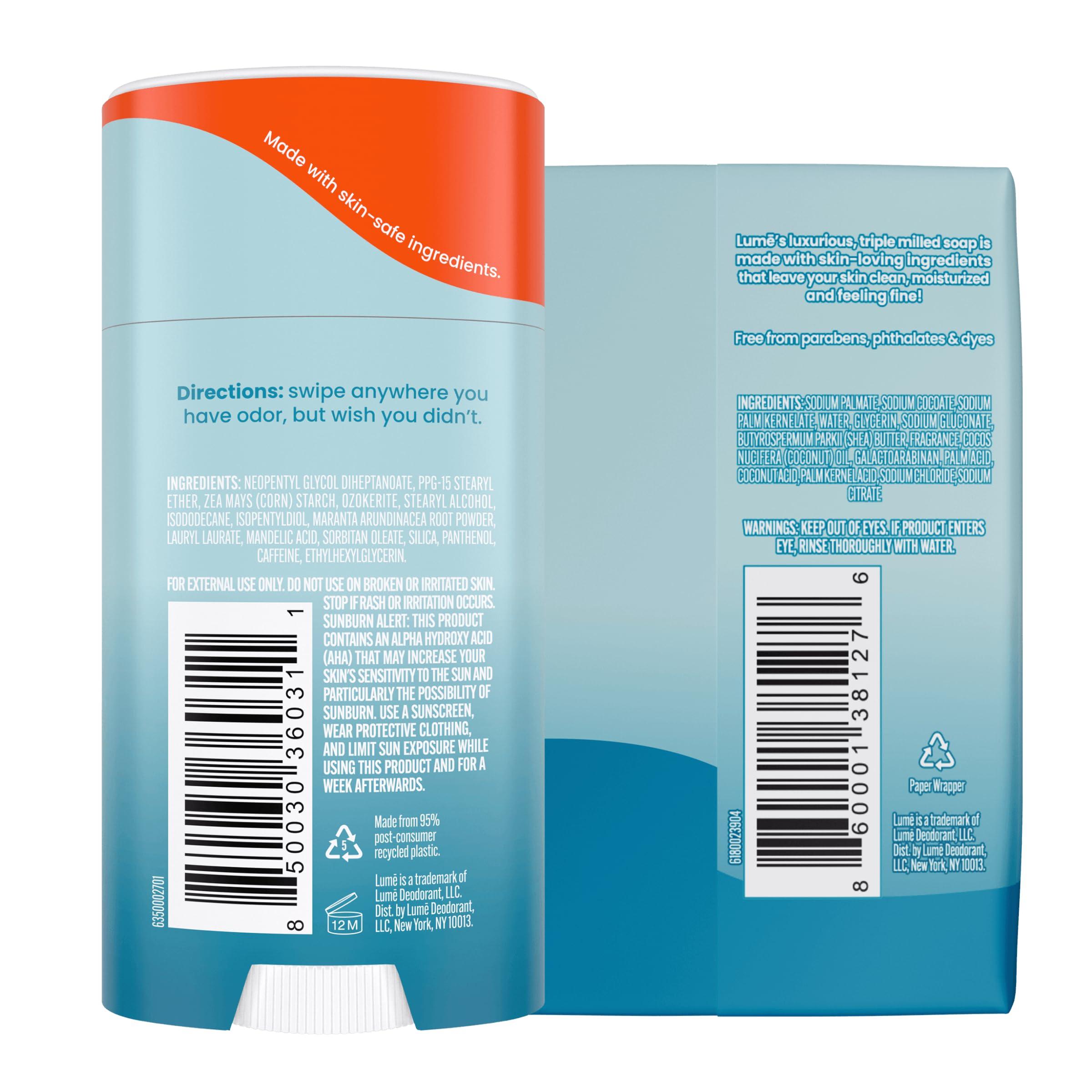 Lume Lume Whole Body Deodorant And Soap - 2.6 Ounce Smooth Solid Stick With 72 Hour Odor Control and 5 Ounce Triple Milled Soap - Aluminum Free, Baking Soda Free and Skin Loving (Unscented)