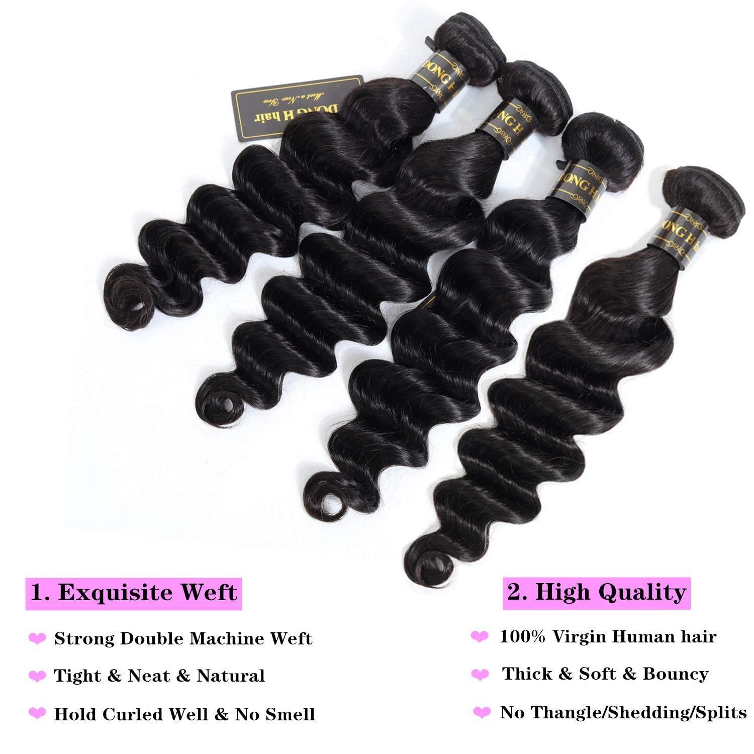 DONG H hair DONG H hair Loose Deep Wave Bundles 100% Unprocessed Peruvian Virgin Human Hair Bundles Loose Wave Bundles Wet and Wavy 4 bundles Human Hair Natural Color Hair Extensions (18\"20\"22\"24\", 4 Bundles)