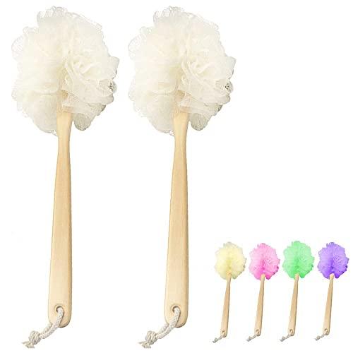 AllTopBargains 2 Exfoliating Bath Back Scrubber Long Handle Loofah Sponge Body Brush Spa Shower Pouf Bath Brush, Loofah Brush for Bath & Shower Soft Netting for Gentle Exfoliation, Back Brush for Men & Women 2 Count