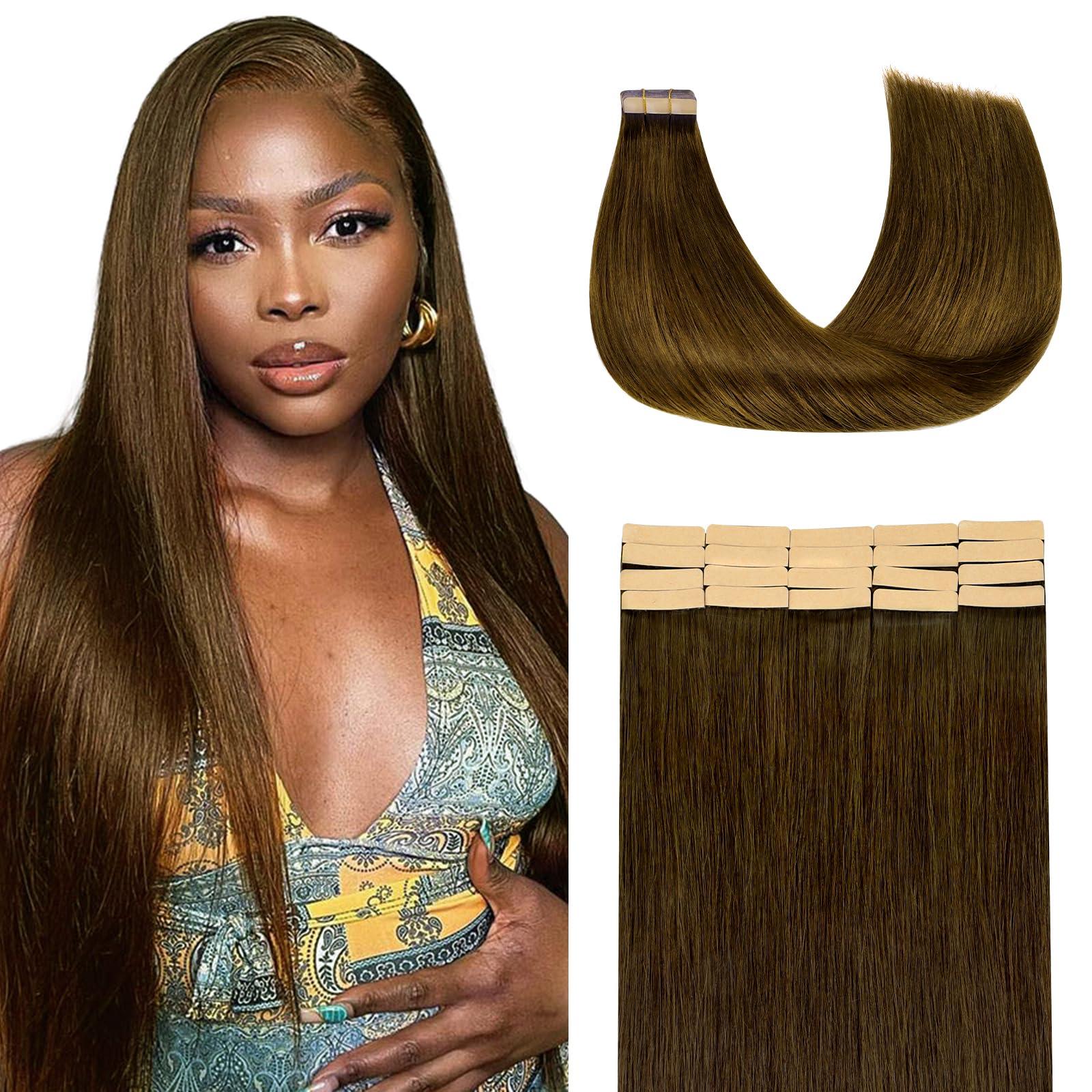 Lashey Lashey Tape in Hair Extensions Human Hair 50g 20pcs 16 Inch Chocolate Brown Tape in Extensions with Double-Side Tape Straight Invisible Tape in Hair Extensions for Women