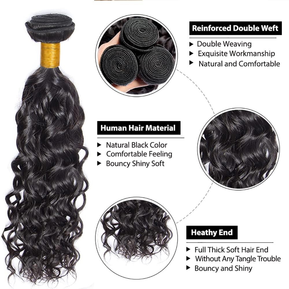 NiegMeag 26 28 30 Inch Ocean Wave Bundles Human Hair Natural Color Water Wave Human Hair Bundles Brazilian Virgin Remy Hair 3 Bundles Wet and Wavy Bundles Double Weft Hair Weave 300g