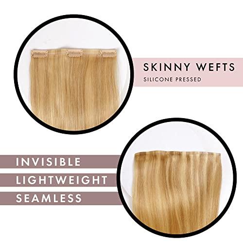 everlong Skinny Weft Clip-In Hair Extensions by Everlong, Thin Silicone Pressed Wefts, Premium Remy Human Silky Straight Hair for Length & Volume, 175 grams #124 Honey Pecan 18"