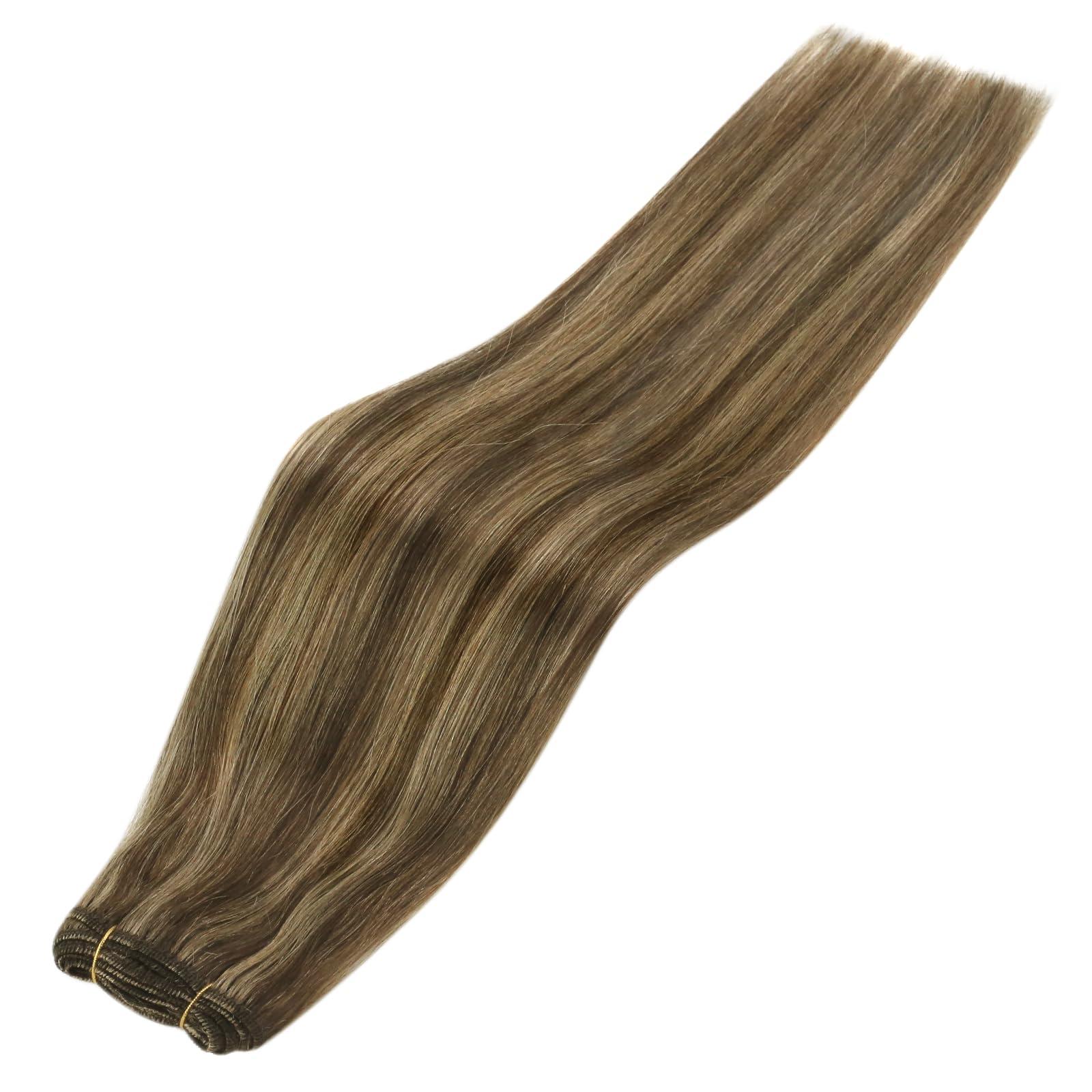 Sunny Hair Sunny Weft Hair Extensions Human Hair Brown Highlights Sew in Hair Extensions Real Human Hair Dark Brown with Caramel Blonde Weft Hair Extensions Thick End 14inch 70g