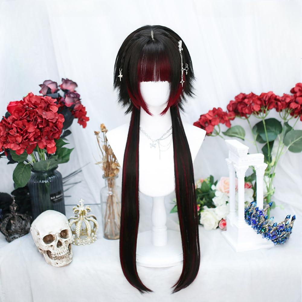 SCORRO Hime Cut Long Straight Black Layered Hair Lolita Bob Wig Hair with Bangs, Pre-styled Jellyfish Braided Hair Wig for Women Girls, Party Wig Halloween Daily Wigs (braided Styling,natural Black)