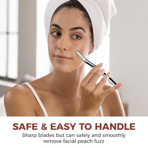ZOMCHI ZOMCHI Eyebrow Razor and Face Razor for Women and Men, Reusable Metal Handle with 11 Refill Blades, Dermaplane Razor with Protective Silicone Cap, Eyebrow Hair Trimmer - Polished Silver