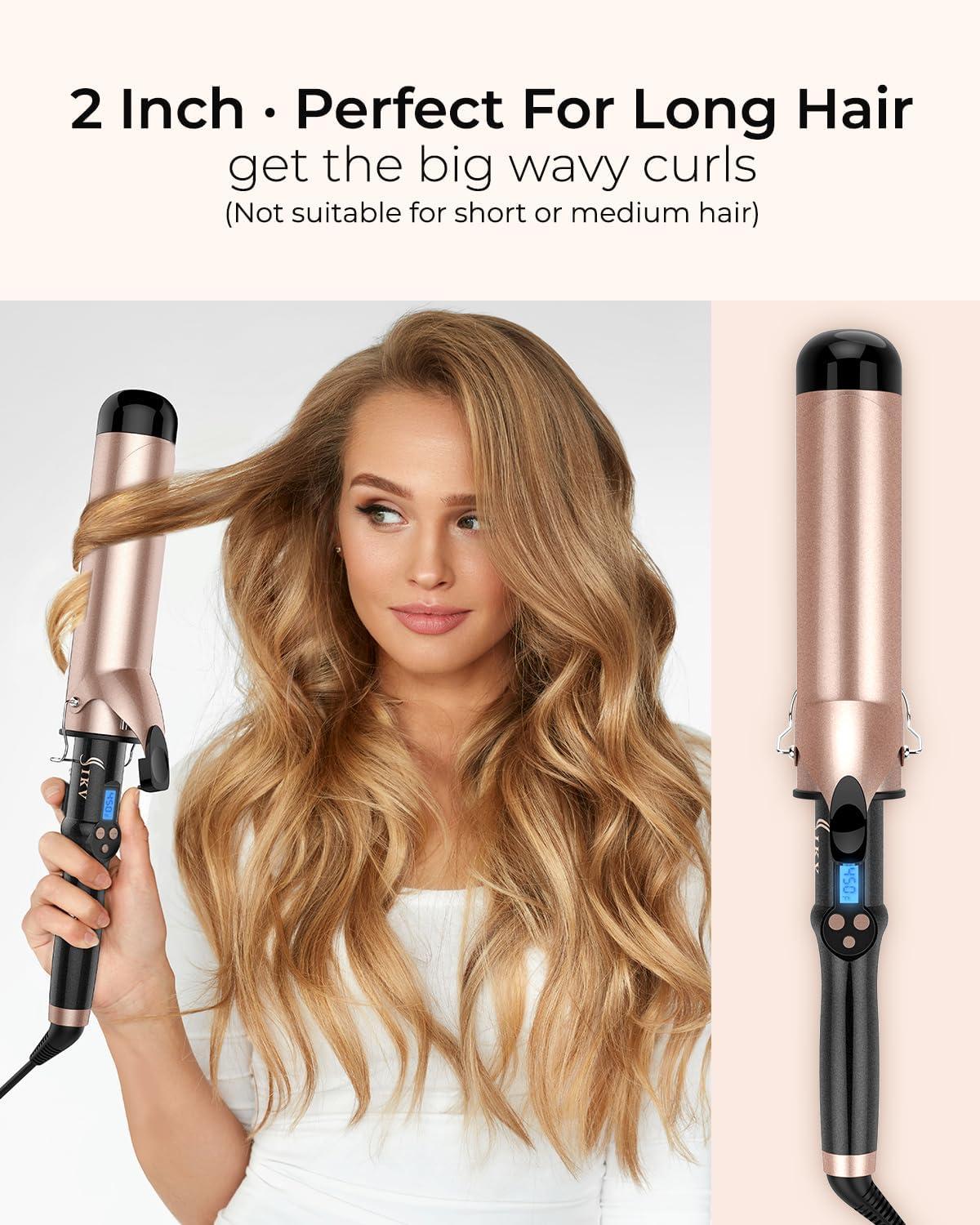 IKV 2 Inch Extra Long Barrel Curling Iron for Long Hair, Large Barrel Curling Wand Ceramic Tourmaline Dual Voltage