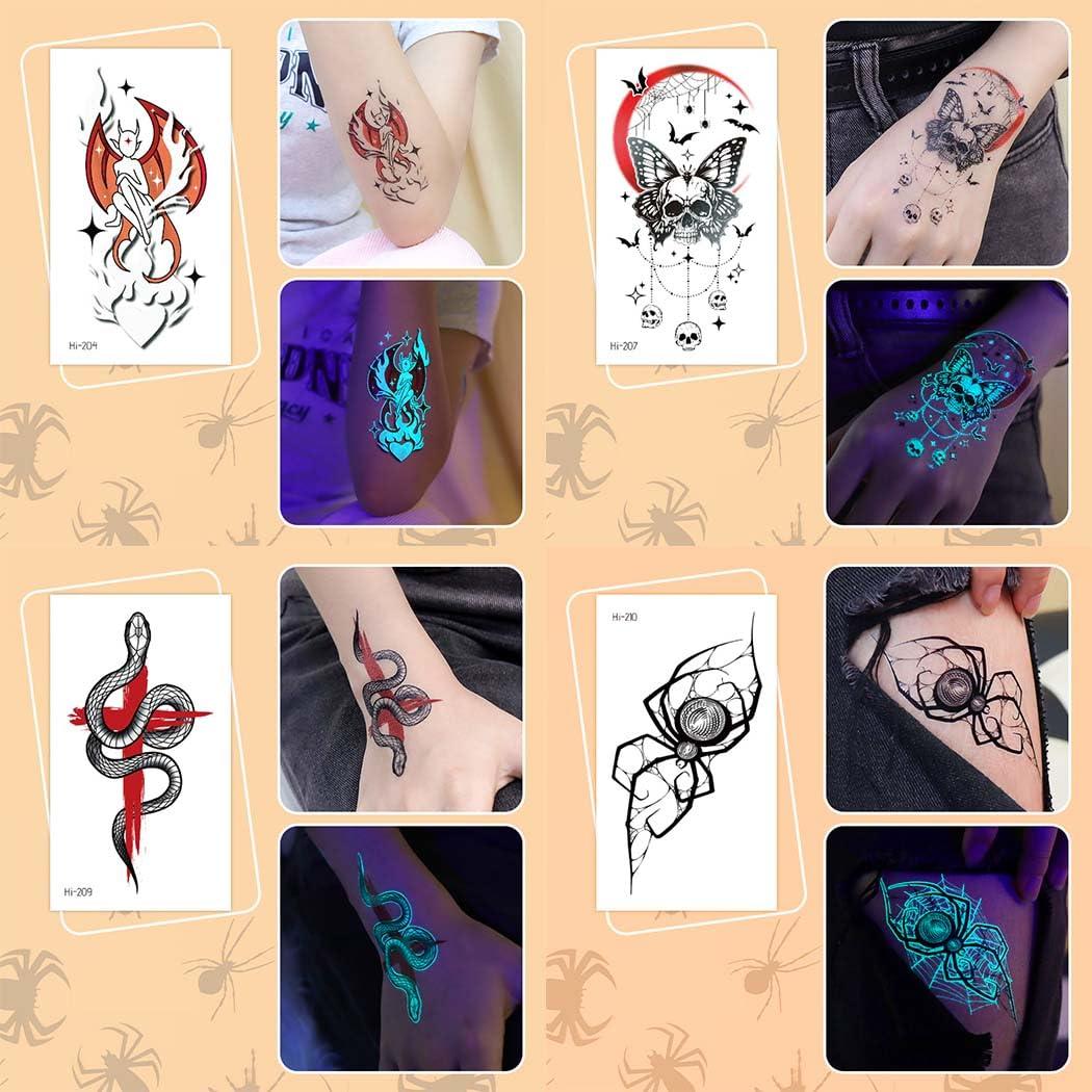 Uranian Uranian Luminous Halloween Temporary Tattoos Glow in the Dark Halloween Tattoo Stickers Body Face Tattoos Halloween Party Makeup Supplies for Women (Halloween A)
