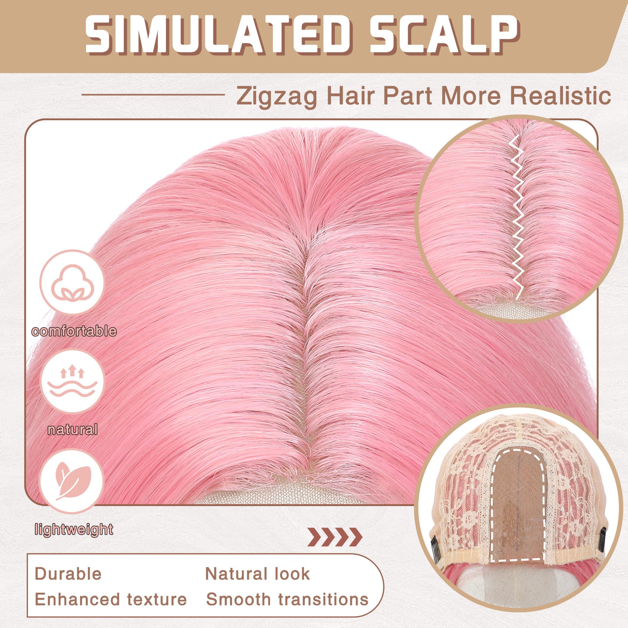 BUPPLER BUPPLER Pink Wig 18 Inch Medium Length Wigs for Women Middle Part Synthetic Hair Wavy Wig with Upgraded Strands,Natural Hair Wig for Daily Party/Halloween Use 18Inch,Pink