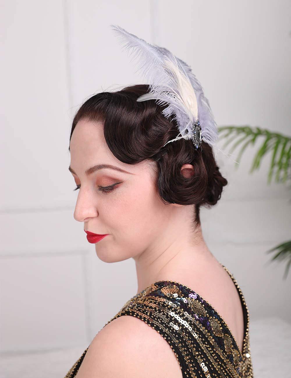 Aimimier Aimimier 1920s Flapper Feather Headband Gray Crystal Tassel Head Chain Headpiece Prom Party Roaring 20s Hair Accessory for Women (Style 1)