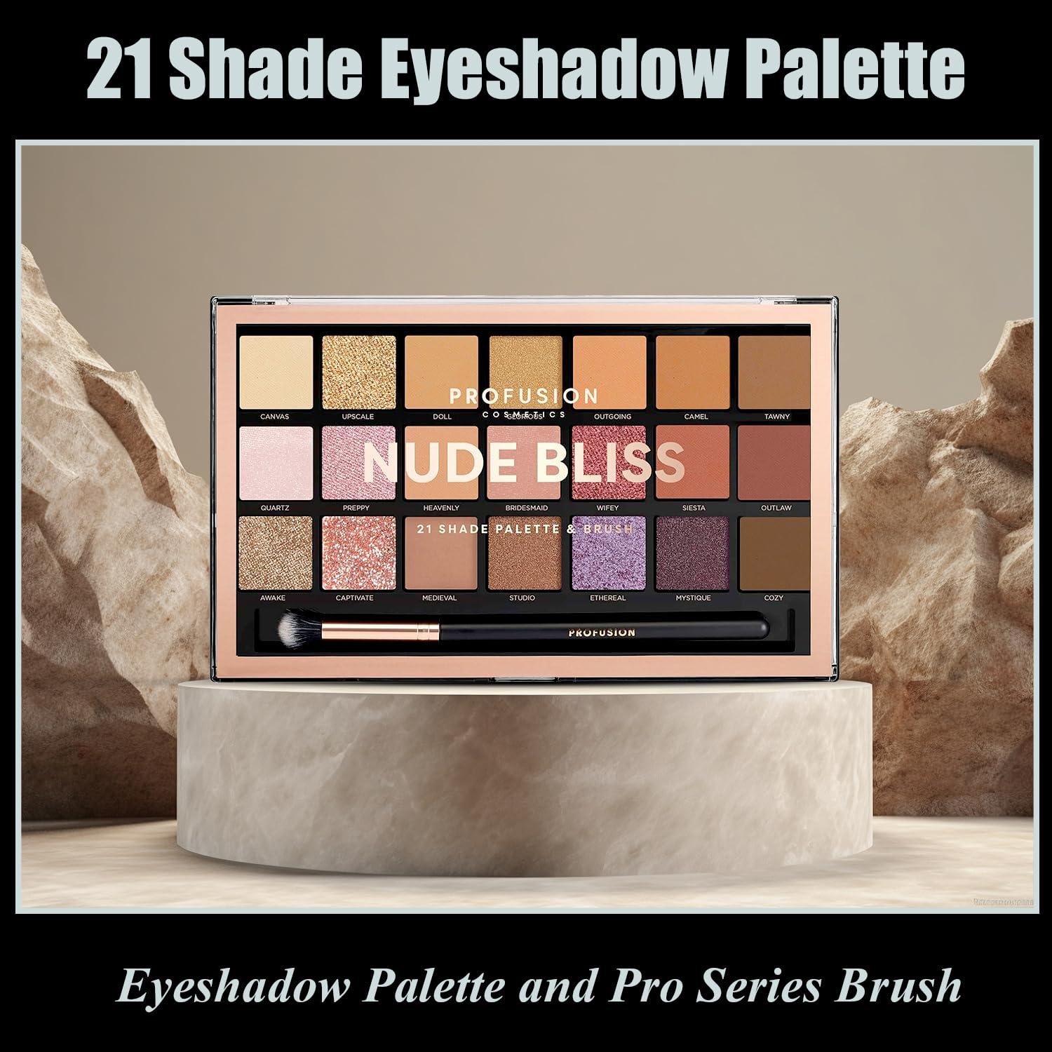 Profusion Cosmetics Profusion Cosmetics Nude Bliss 21 Shade Eyeshadow Palette and Pro Series Brush, Unleash Creativity and Get Glam With Richly Pigmented Eyeshadow, Luxurious and Versatile Makeup Kit for Stunning Looks