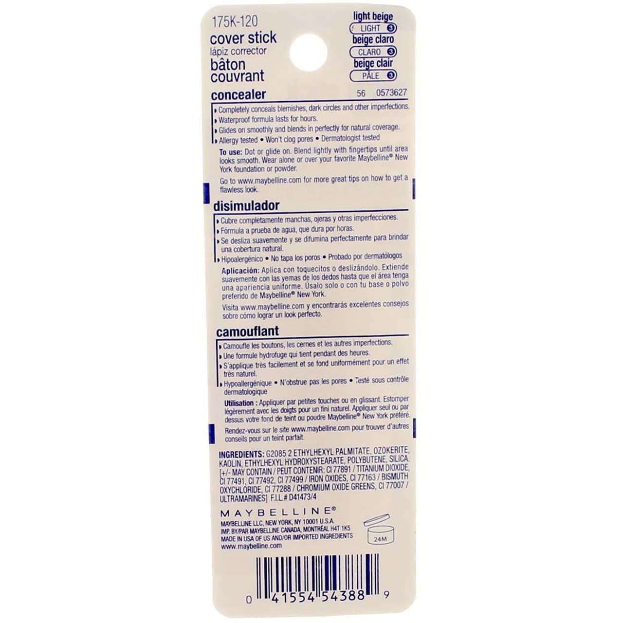 MAYBELLINE Maybelline Cover Stick Concealer, Light Beige [120], 0.16 oz (Pack of 3)