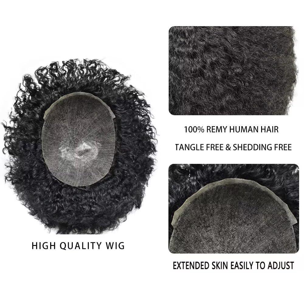 Hair Wonders Afro Toupee for Black Men Soft Full Poly African American Men Toupee Kinky Curly Brazilian Human Hair Pieces Man Weave Hair Unit Black Men 8x10 inch Hair Units for Black Men 1# JET BLACK 12mm wave