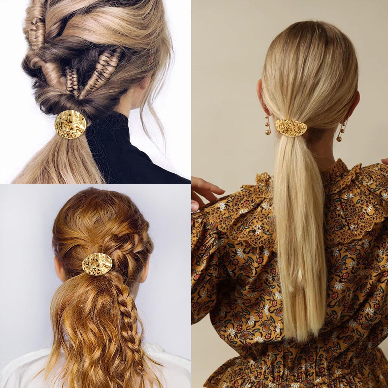 Yilotosnice Metal Hair Tie, Gold Ponytail Cuff, Gold Hair Cuffs, Gold Hair Ties, Gold Hair Tie Cuff For Thick Hair, Gold Hair Accessories For Women (4PC-A)