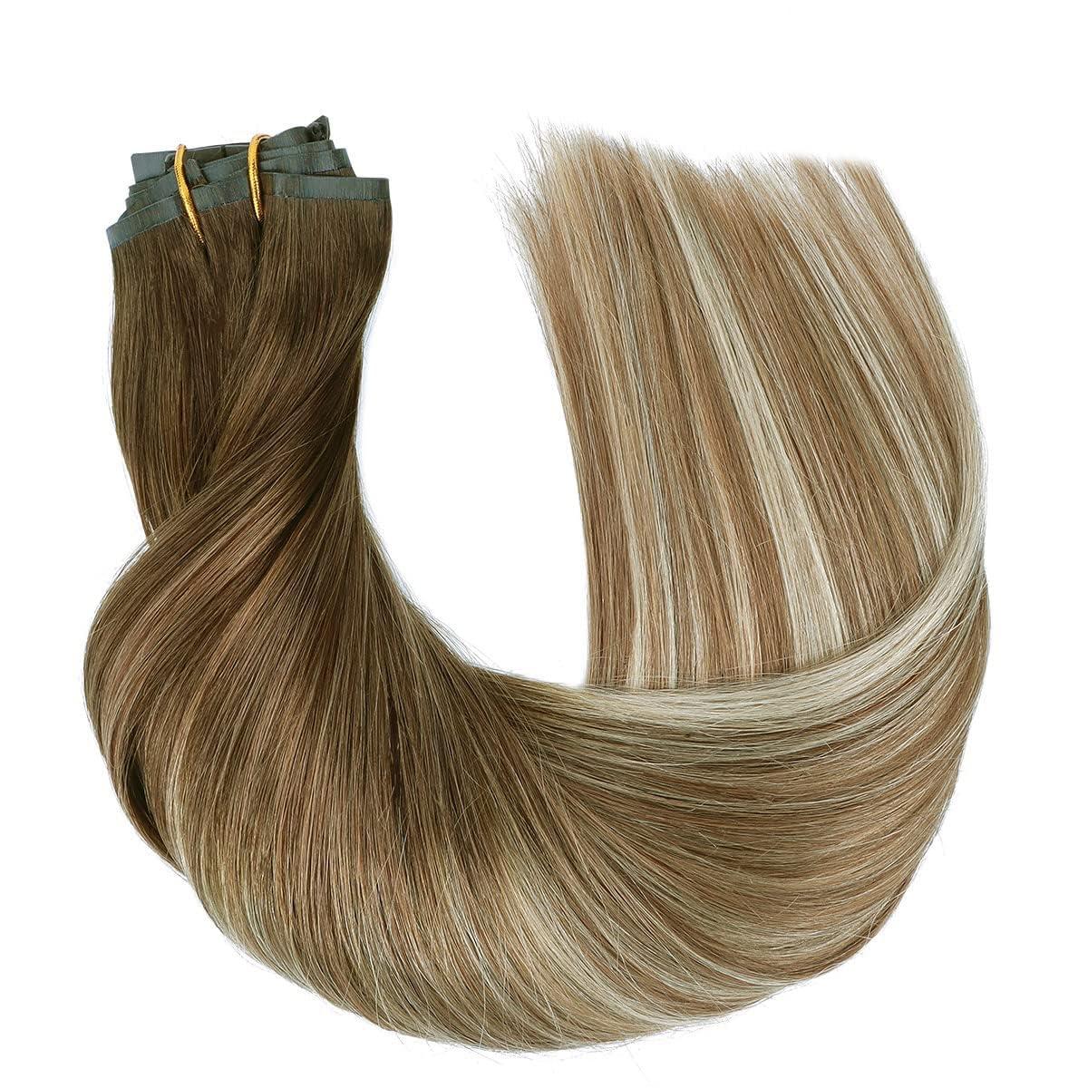 hotbanana HOTBANANA Clip in Hair Extensions 24 inch 160g 7pcs Walnut Brown to Ash Brown and Bleach Blonde Clip in Remy Human Hair Extensions Straight Hair Invisi Edge Clip Hair Full Head