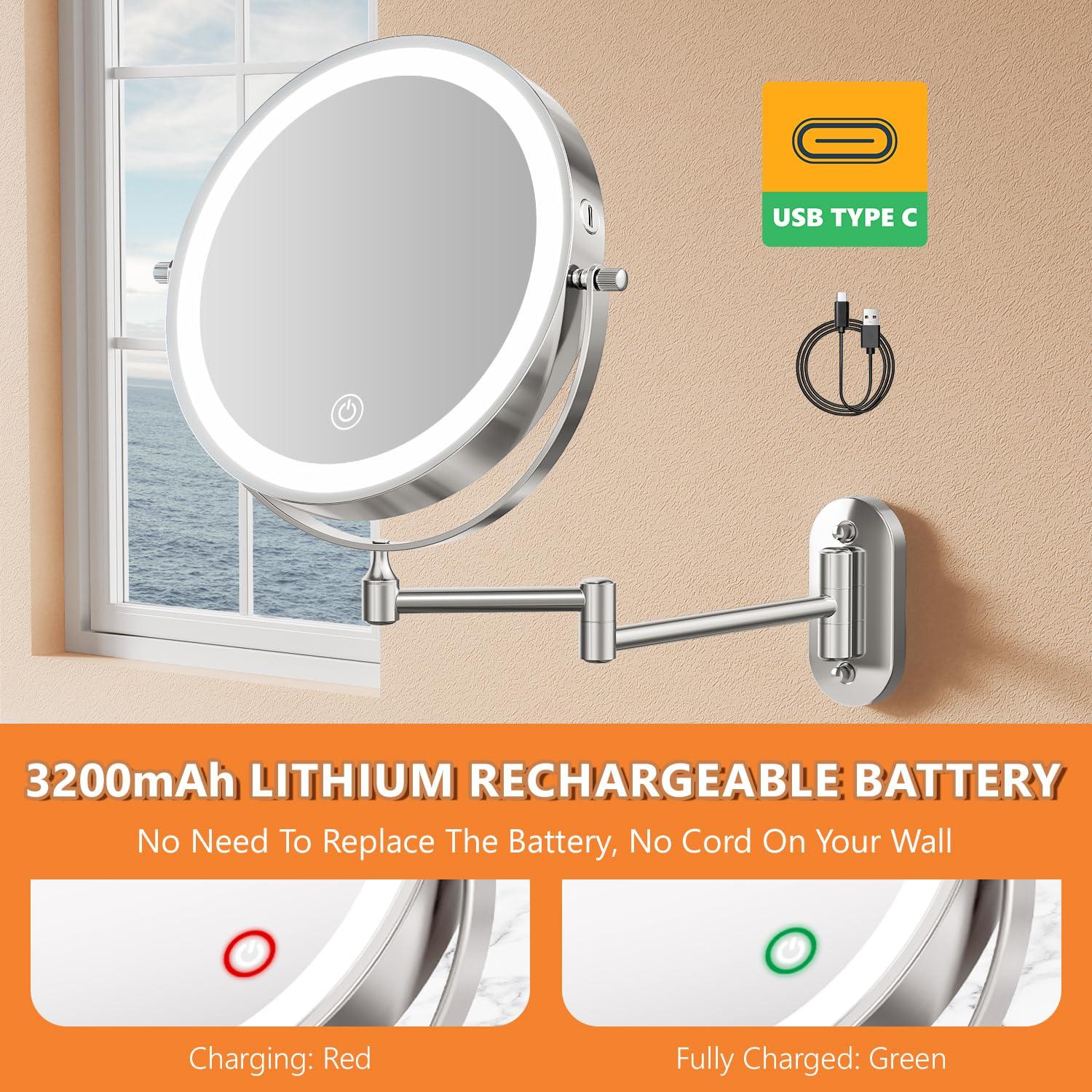 Auxmir 1X/20X Wall Mounted Makeup Mirror with Light, 8\" Double-Sided Magnifying Mirror, 3 Color Lights Touch Dimmable Vanity Mirror with 360 Extension Rotation Foldable 14.5 Inch Arm for Bathroom