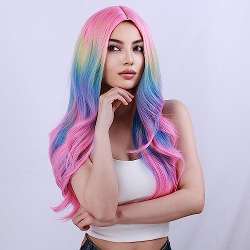BERON BERON Rainbow Wig Long Wave Wig Colorful Wigs Long Wigs Multi Color Wigs for Women Synthetic Wig for Daily Party Wig Cap Include