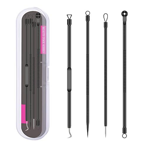 TULOBI Blackhead Remover Pimple Popper Tool Kit 4 Pcs Black Acne Comedone Zit Blackhead Extractor Tool for Nose Face,Stainless Steel Whitehead Popping Removal Tool Set