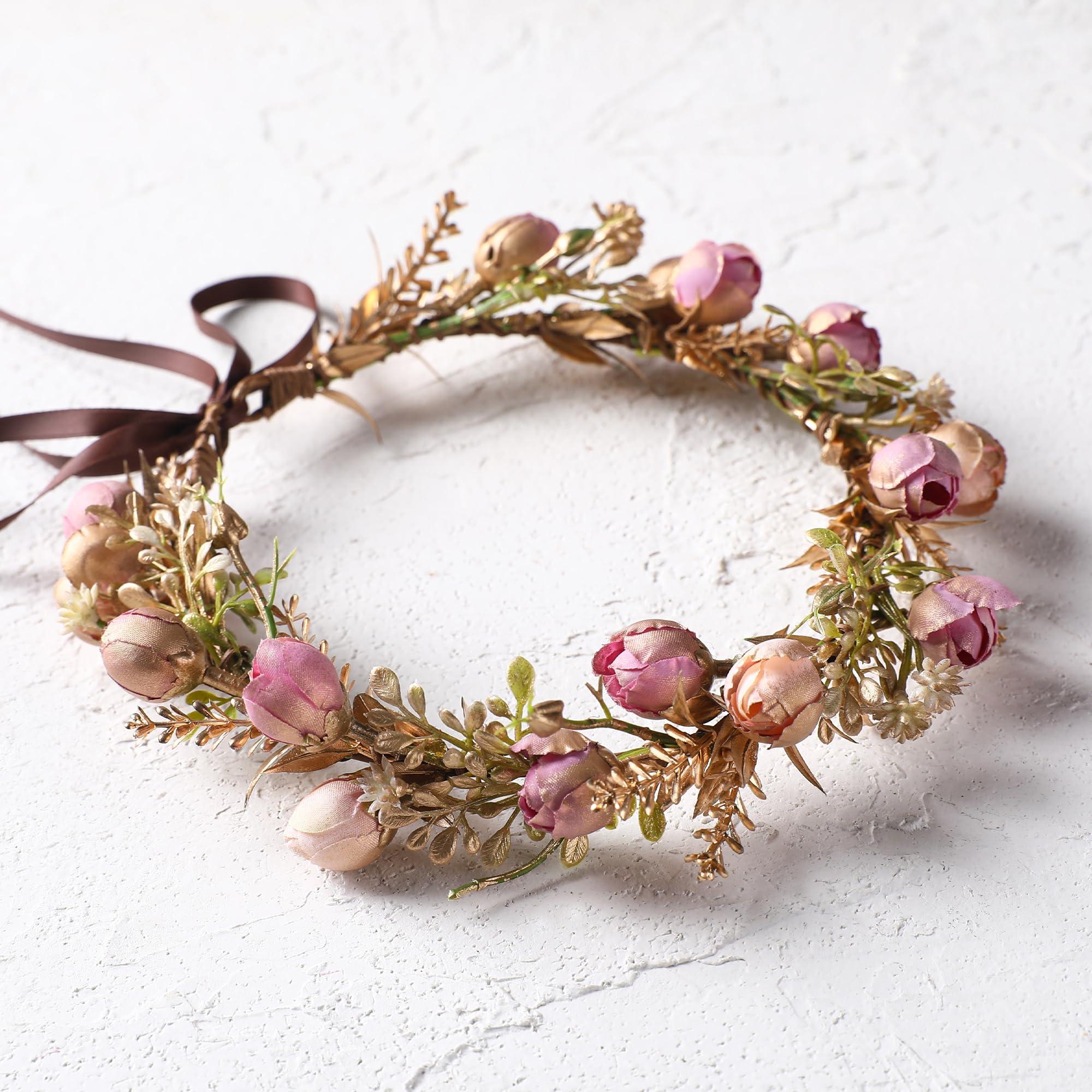 KorViSHOW KorViSHOW Boho Sweet Girl Flower Crown - Golden Leaf Purple Flower Headband for Weeding, Birthday Party, Cosplay, Dress Up, Masquerade