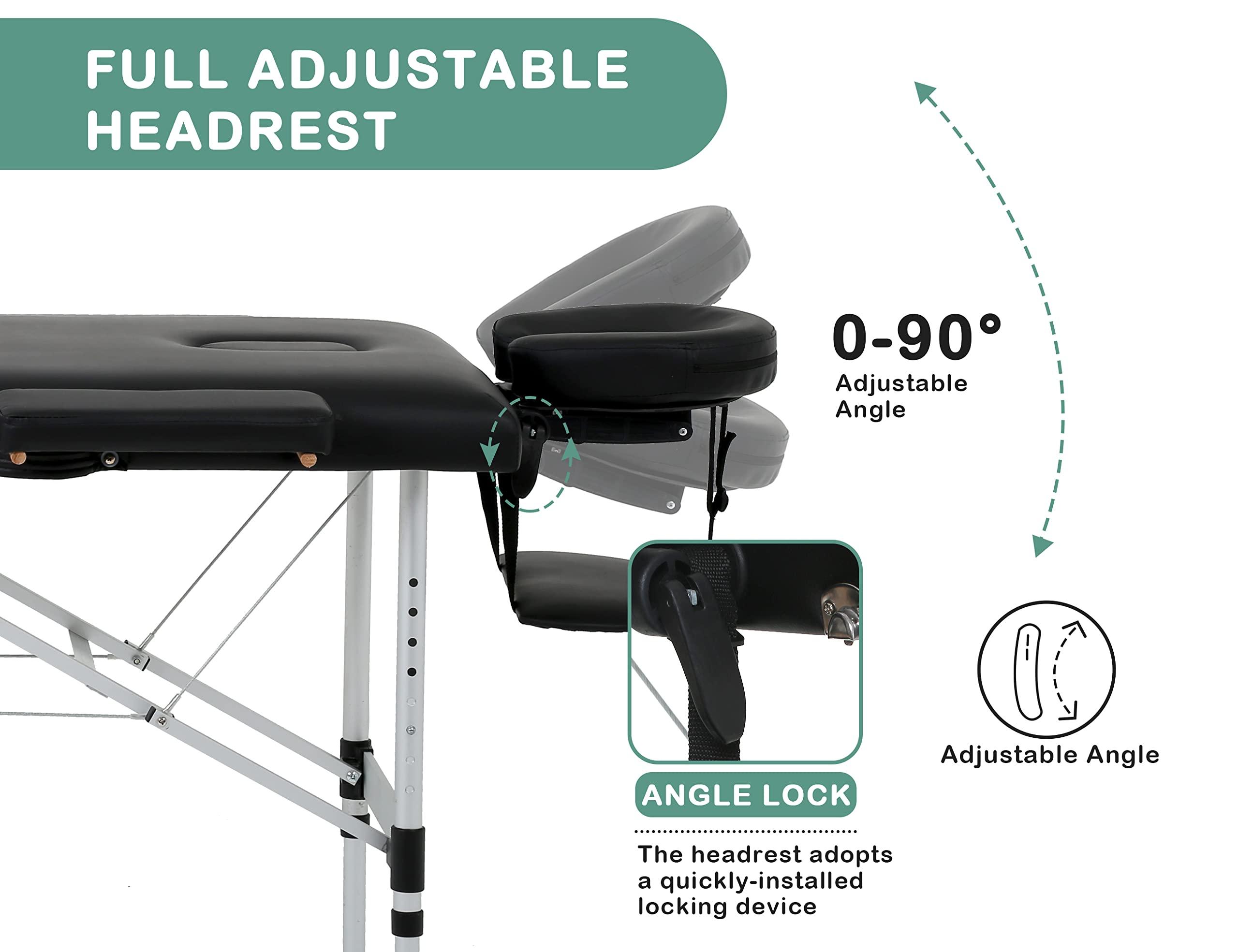 MKDLUFEI Massage Table, 2 Fold Lash Bed, Massage Bed Portable for Eyelash Extensions, Wide Massage Table with Carrying Bag, Massage Tables with Face Cradle & Handle, Portable Chiropractic Table - Black
