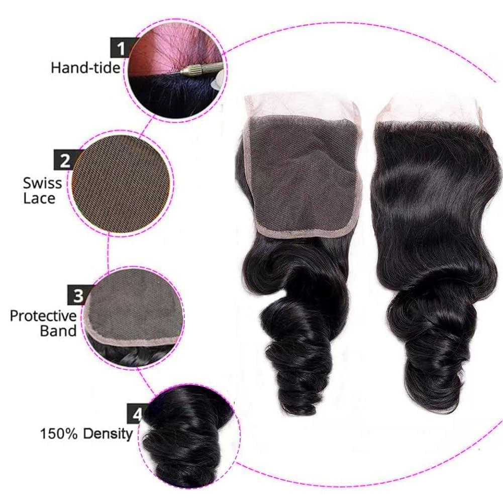 Luduna Luduna Human Hair Loose Wave Bundles with Closure Brazilian Loose Wave 3 Bundles with 4X4 Lace Closure 100% Unprocessed Virgin Human Bundles Hair Extensions for Black Women
