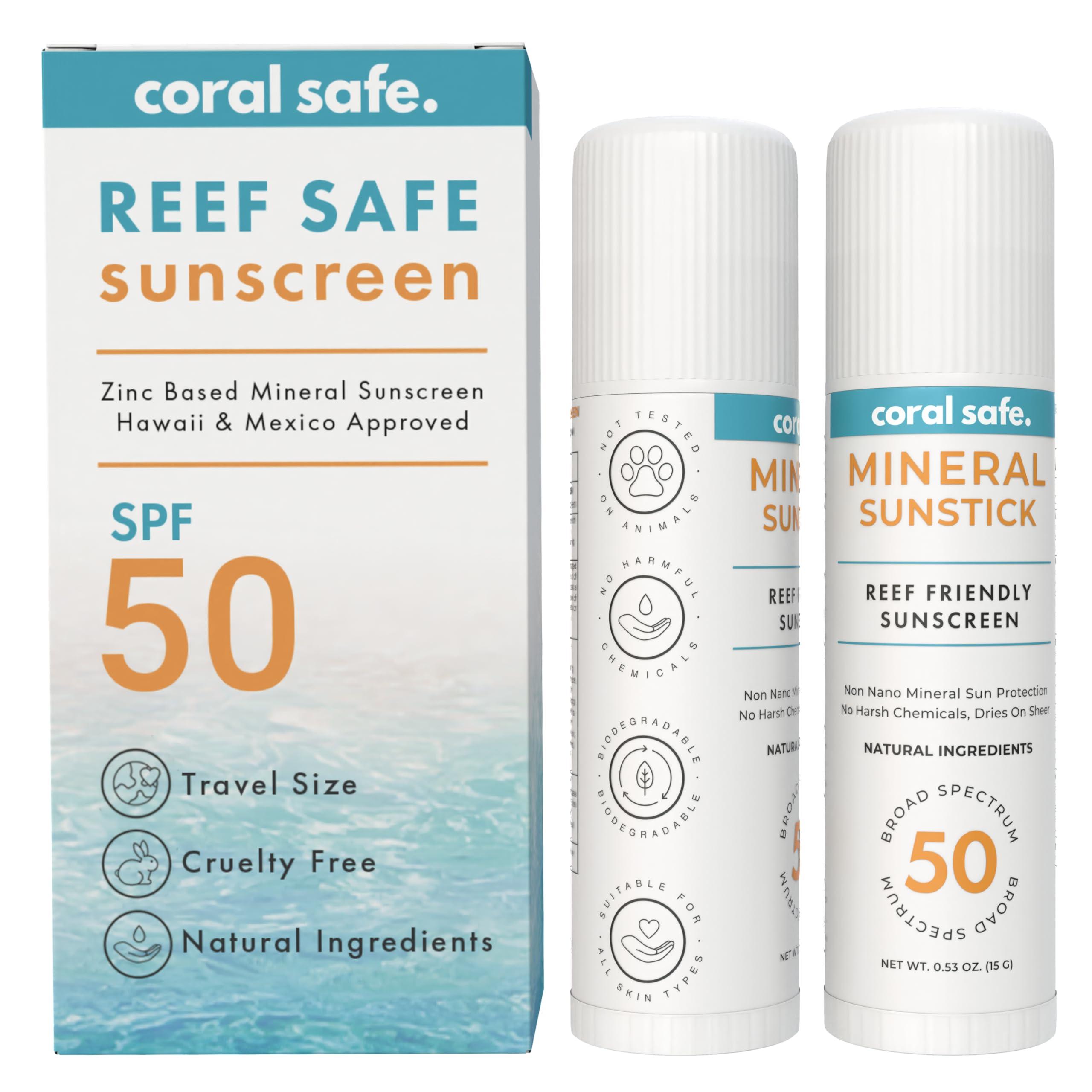 Coral Safe Reef Safe Sunscreen SPF 50 Mineral Face Stick 2 Pack, Hawaii & Mexico Approved, Biodegradable, Zinc, Vitamin E, Oxybenzone & Octinoxate Free, Water Resistant, Made in USA by Coral Safe
