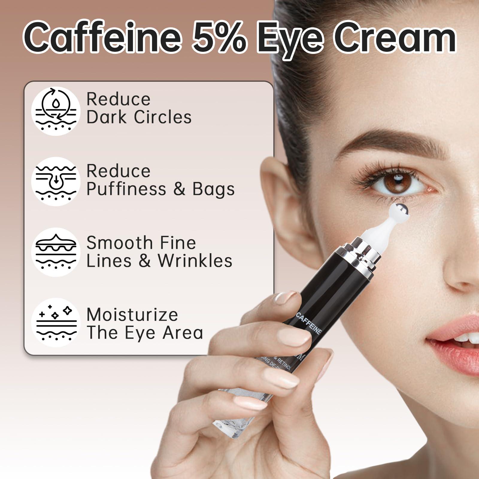 mopayzer Caffeine Eye Cream for Puffiness & Dark Circles, Under Eye Cream for Puffy Eyes, Eye Bags & Wrinkles, 2 PCS Anti Aging Eye Serum with Under Eye Roller, Reduces Fine Lines & Moisturize Skin.