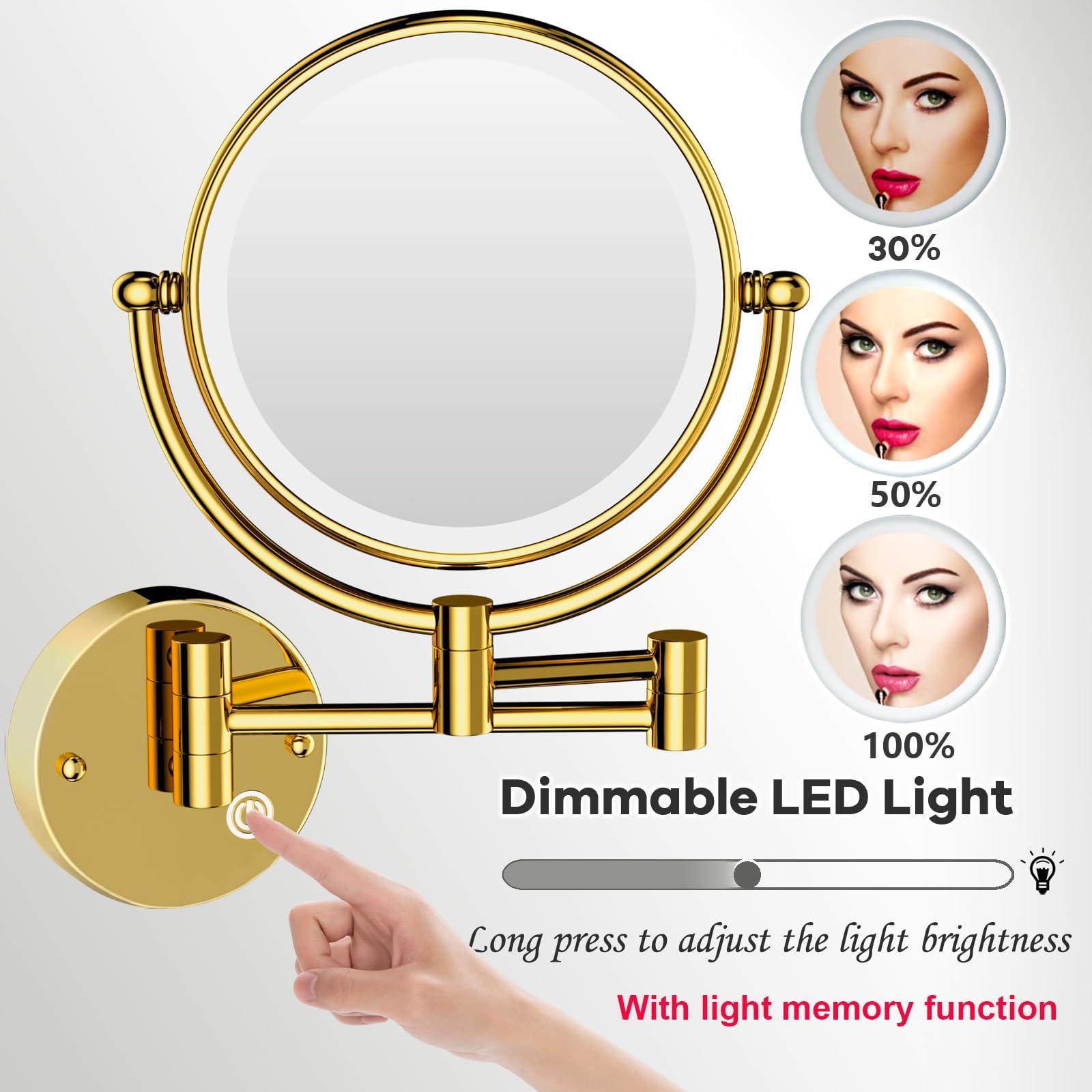 RECKODOR RECKODOR Wall Mount Magnifying Mirror with Light for Bathroom Makeup Mirror Wall Mounted Vanity Mirror Gold, 1/5X 2 Sided Extension Personal Wall-Mounted Mirror for Make-up Shaving, Hardwired