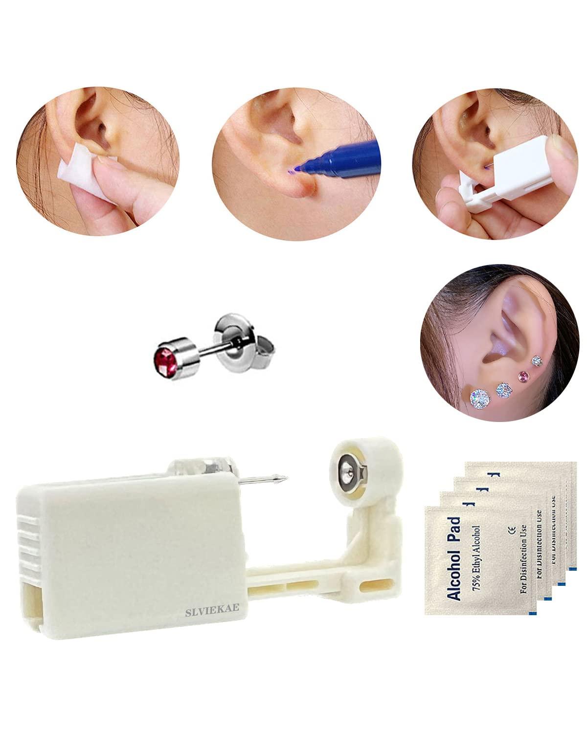 SLVIEKAE Ear Piercing Kit 4 Pcs Ear Piercing Gun Disposable Ear Piercing Gun Kit with Cubic Zirconia Silver Earring Studs (Red)