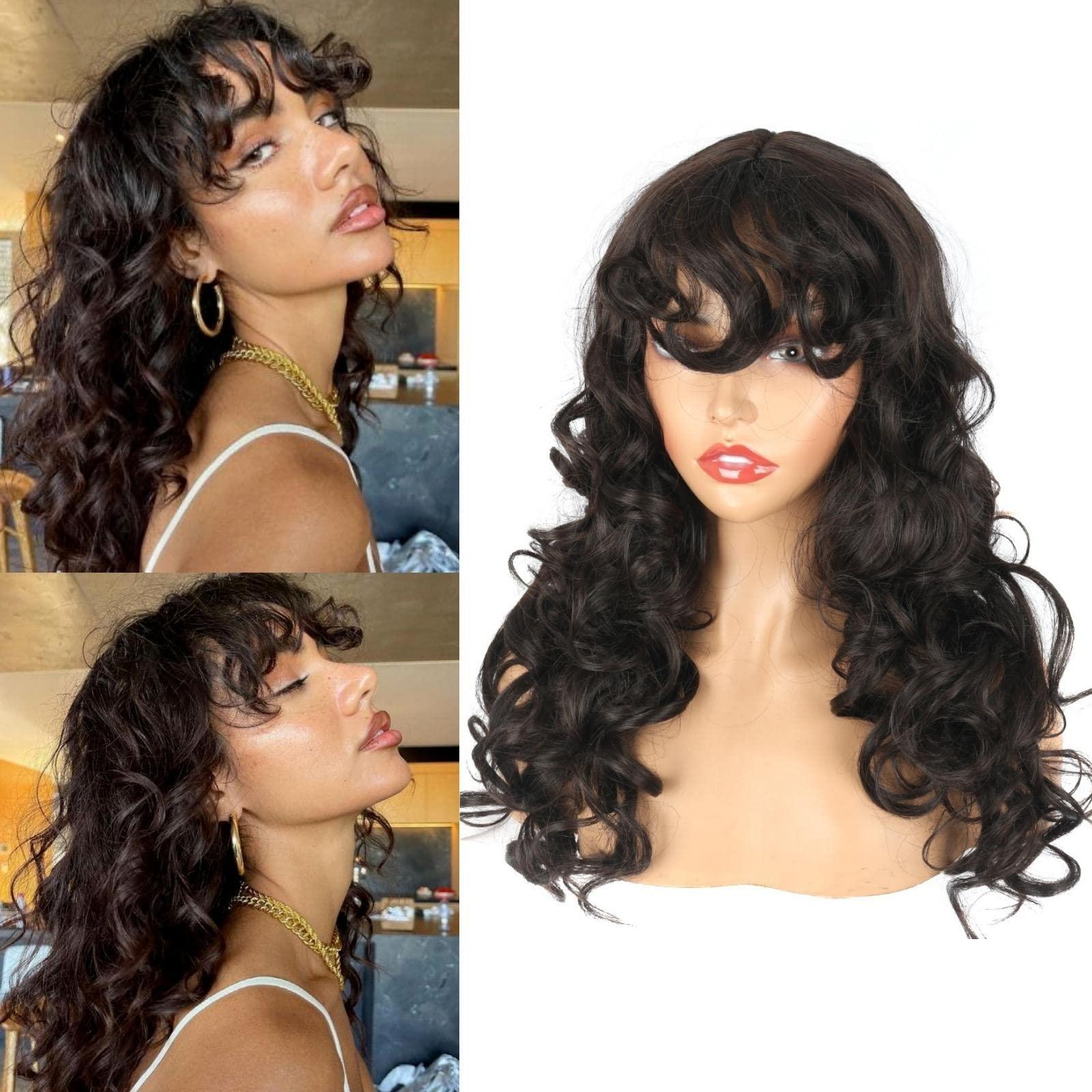 Oseti Oseti Long Brown Curly Wig with Bangs for Women Layered Synthetic Wig Brown Curly Shag Hair Wig with Bangs Cute Kinky Curly Hair Replacement Wigs for Daily Use Party Hallowmas Cosplay Wig