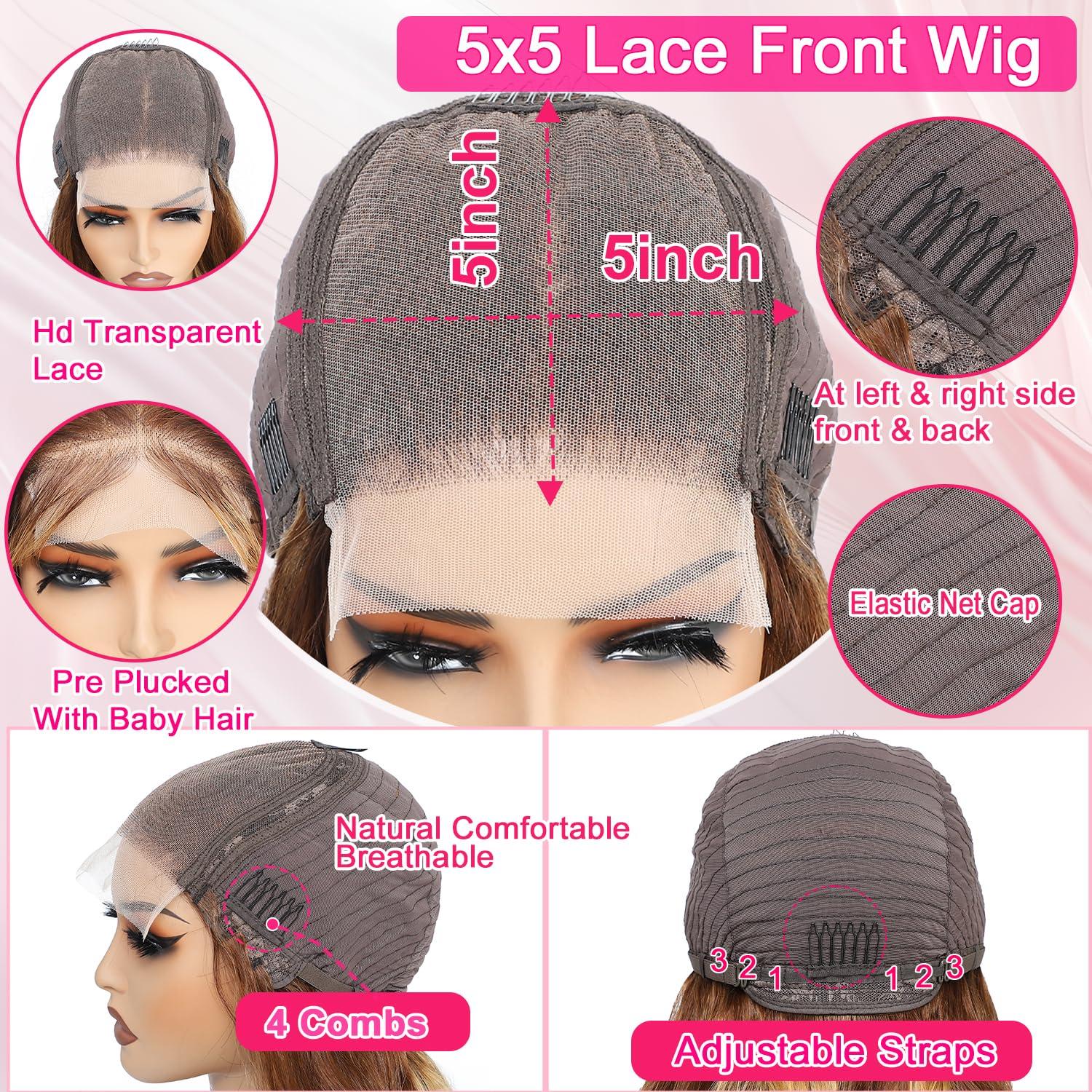 AILICEEHR AILICEEHR 30 Inch Highlight Ombre 5x5 Lace Closure Wigs Human Hair Body Wave P4/27 Honey Blonde Glueless Wigs Human Hair Pre Plucked HD Lace Front Balayage Colored Wigs Human Hair 180% Density