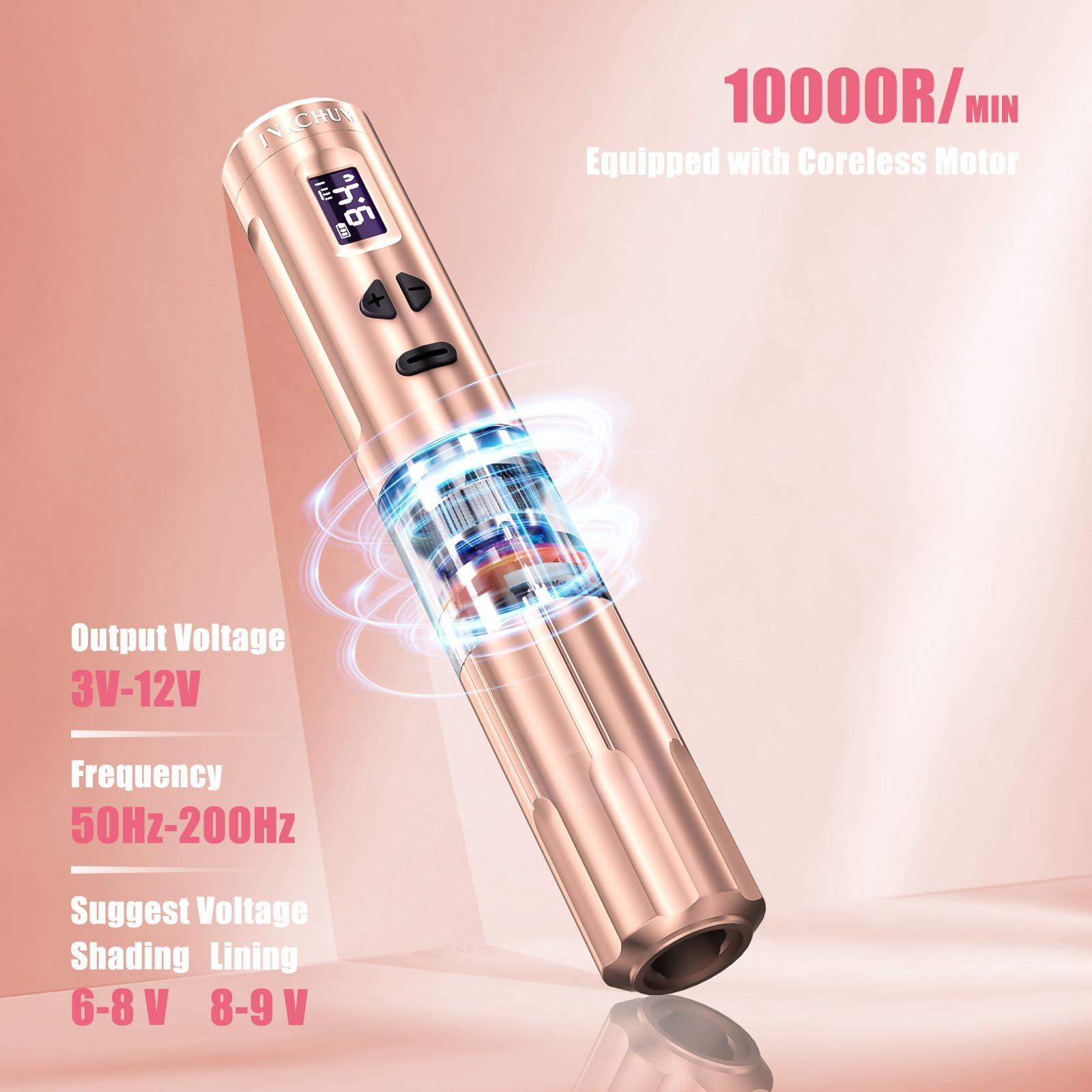 INKCHUM INKCHUM Microblading Supplies Wireless RCA Machine Pen with 2 Batteries Digital OLED Display 10W Coreless Motorfor Miroblading Shading Lining Eyeliner Lips(Rose Gold)