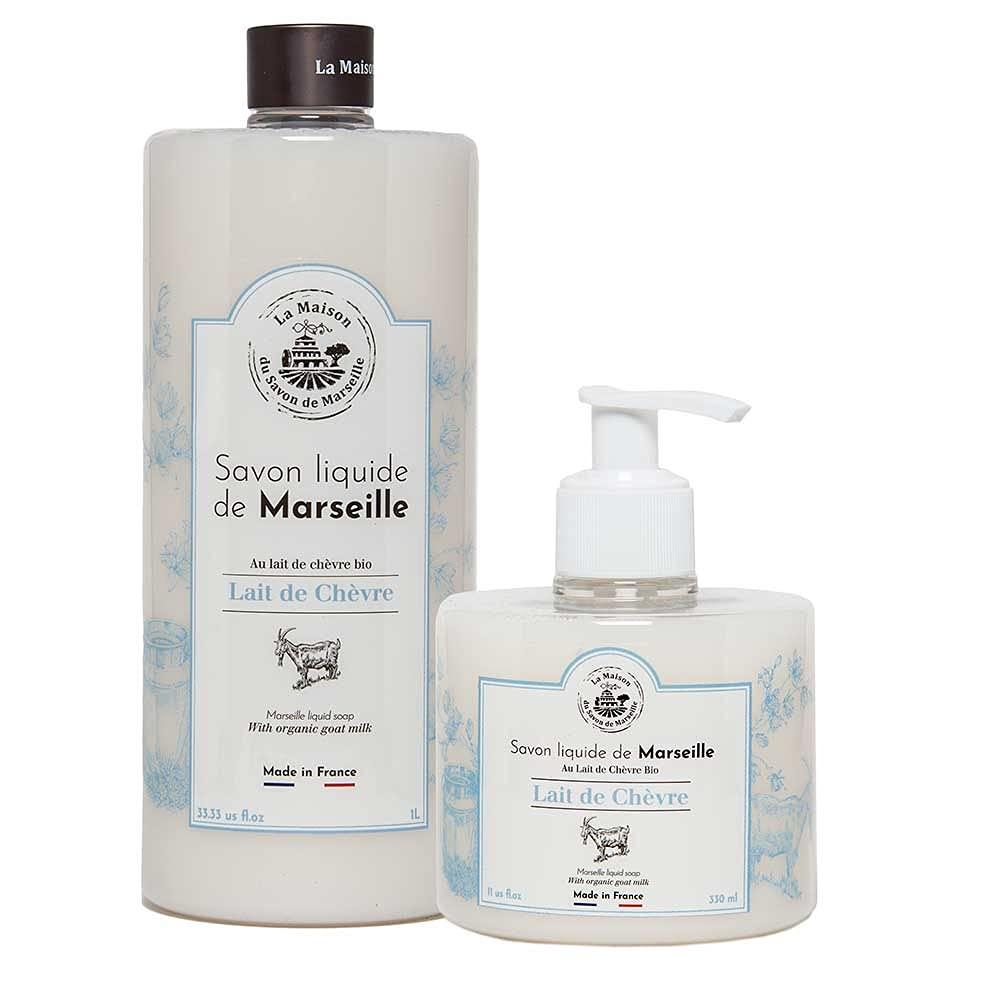 Maison du Savon Savon De Marseille - French Liquid Soap with Organic Goats Milk and Olive Oil - Hand Wash 33 Fl Oz Bottle and 11 Fl Oz Dispenser