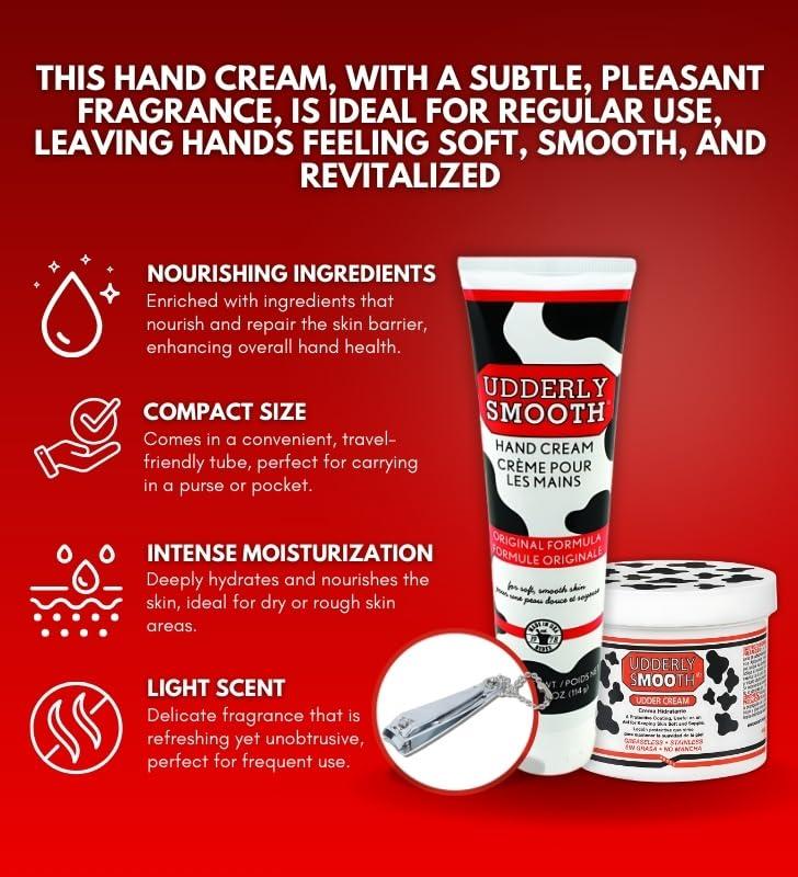 GROVE Udderly Smooth Hand Cream 4 oz + Udderly Smooth Body Cream 10 oz Bundle with Nail Clipper - Moisturizing Cream for Dry, Cracked Skin - Fast-Absorbing Non-Greasy Formula - (3 Items)