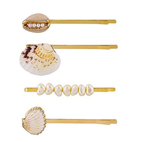 Doubnine Doubnine Hair Clips 4PCS Gold Mermaid Shell Cowrie Freshwater Bangs Clips Beach Headpiece Wedding Hair Accesories