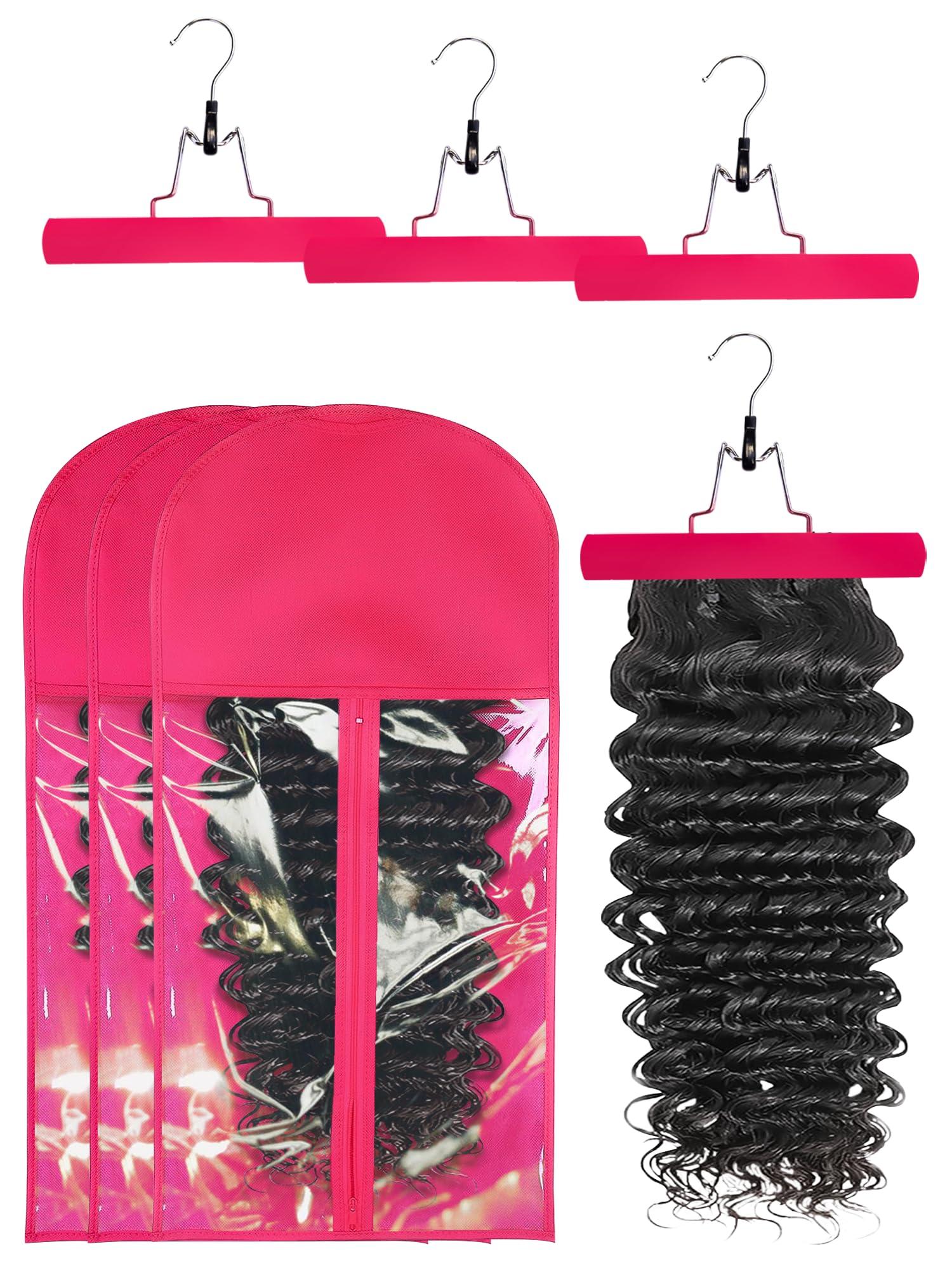 Whtawtaw 3 Pcs Hair Wig Extension Storage Bag, Hair Extensions Holder with Hanger, 11.4 * 23.6 inches, Portable Wig Bags Storage with Transparent Zipper Closure (Rose)