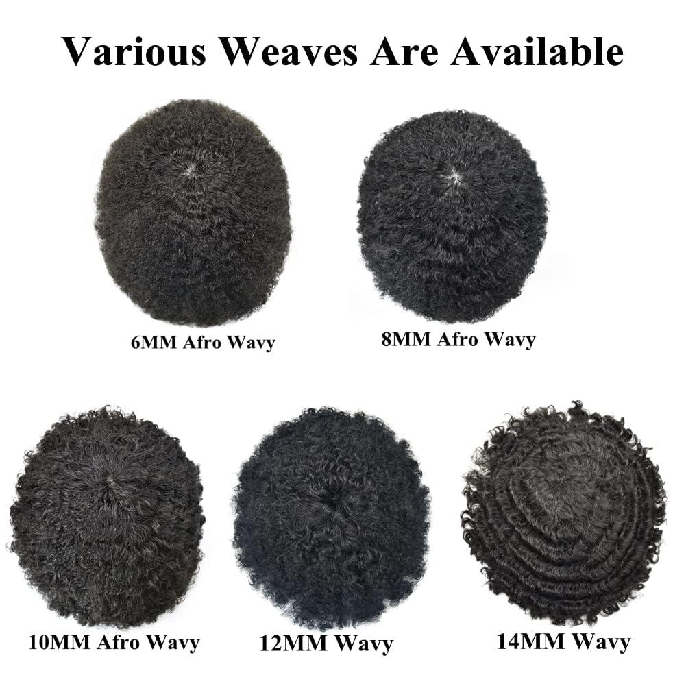 Hair Wonders Afro Toupee for Black Men Soft Full Poly African American Men Toupee Kinky Curly Brazilian Human Hair Pieces Man Weave Hair Unit Black Men 8x10 inch Hair Units for Black Men 1# JET BLACK 12mm wave