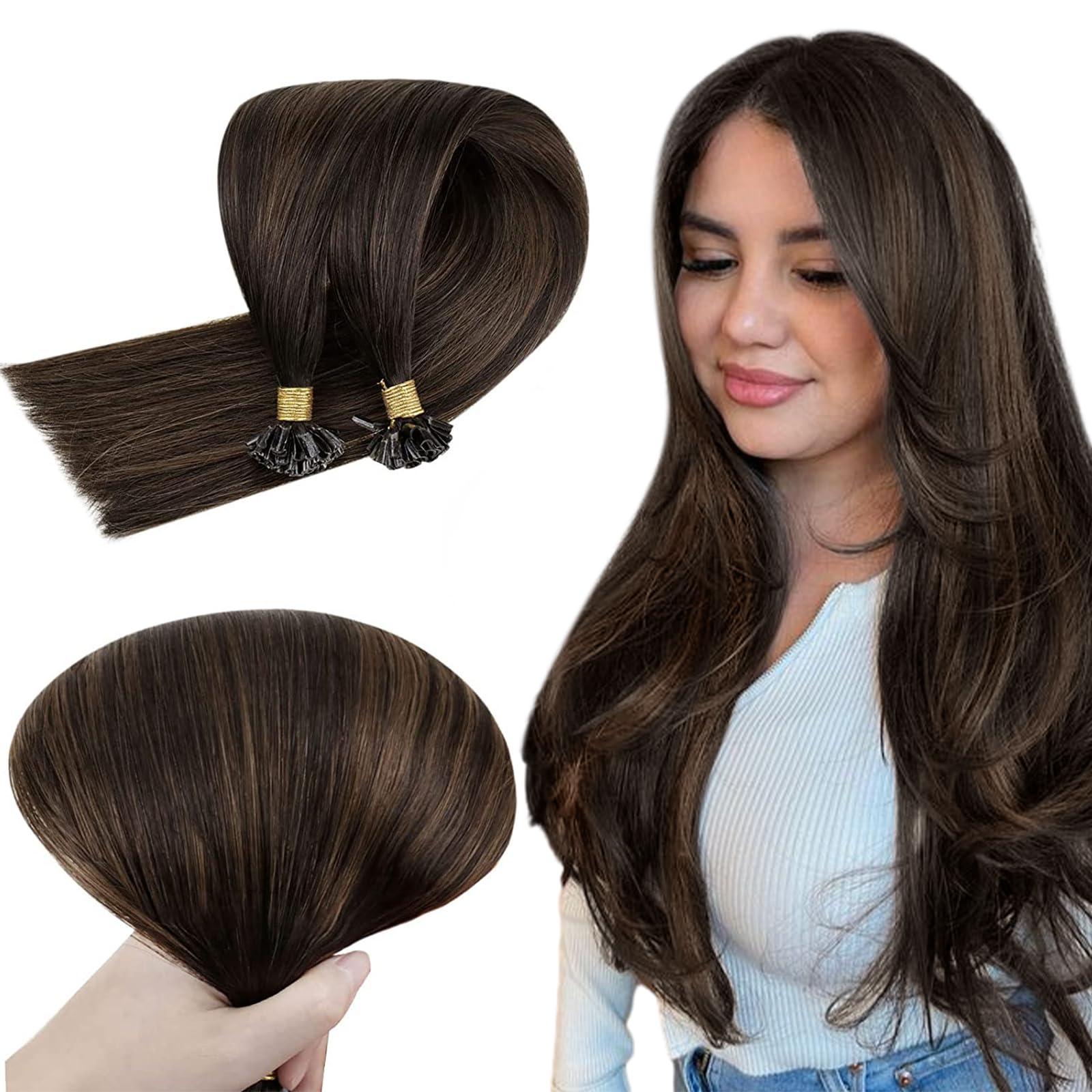 RUNATURE RUANTURE U Tip Hair Extensions Real Human Hair Ombre U Tip Hair Extensions Human Hair Balayage Dark Brown to Ash Brown Utip Keratin Hair Extensions Human Hair 14 Inch Short Hair 50g 50s
