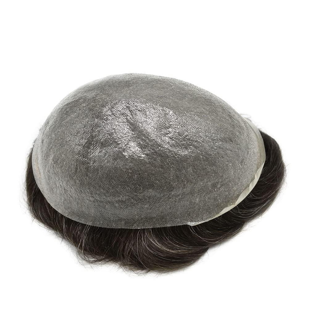 F M FACE MIRACLE NEW YORK Mens Toupee Hairpiece Natural Hairline V-Looped Invisible Ultra Thin Skin Full Poly Pu Human Hair Replacement System Wig FACE MIRACLE (8 * 10, 530 5# MEDIUM LIGHT BROWN WITH 30% SYNTHETIC GREY)