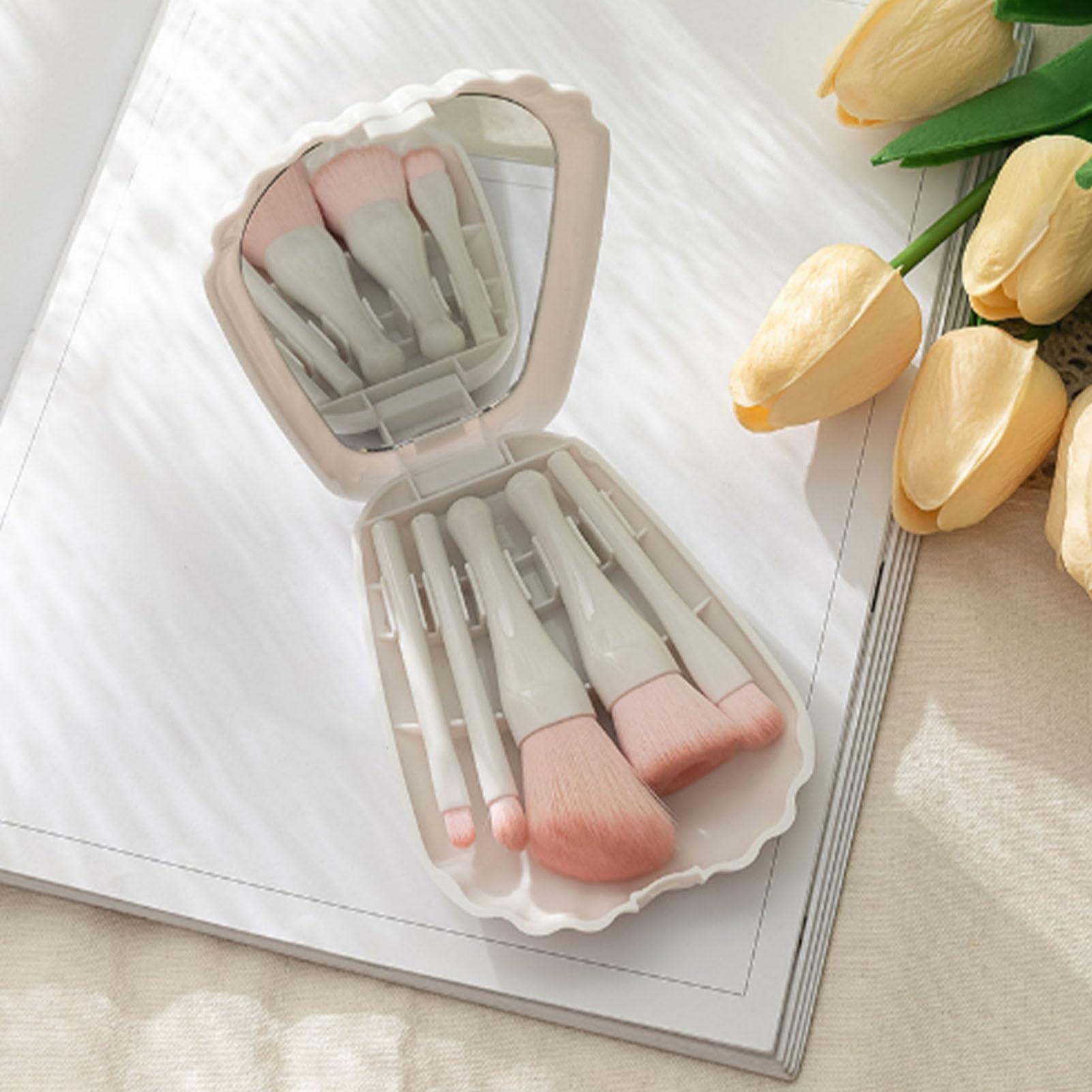 Tomotato Travel Makeup Brushes Set, Shell Portable Mini Cosmetic Brush Kit with Mirror for Foundation Powder Concealer Eyeshadow(White)