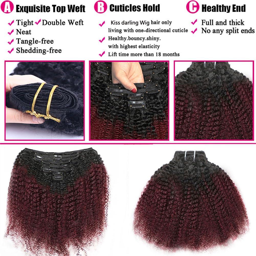 Kiss darling LASHES Afro Kinky Curly Clip In Human Hair For Women 2Tone 1b/99J Natural Black To Red Wine Burgundy Hair Extension 4B 4C Virgin Human Hair Clip Ins for Women 16\"inch