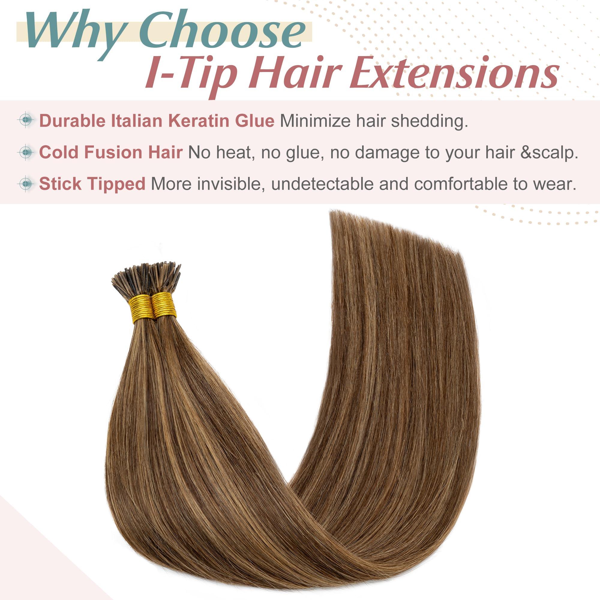 SEGO SEGO I Tip Fusion Hair Extensions Real Human Hair Keratin Pre Bonded MicroBeads Tip Hair Balayage Natural Silky Straight Extensions 100 Strands 50g/Pack -22 Inch Medium Brown&Dark Blonde