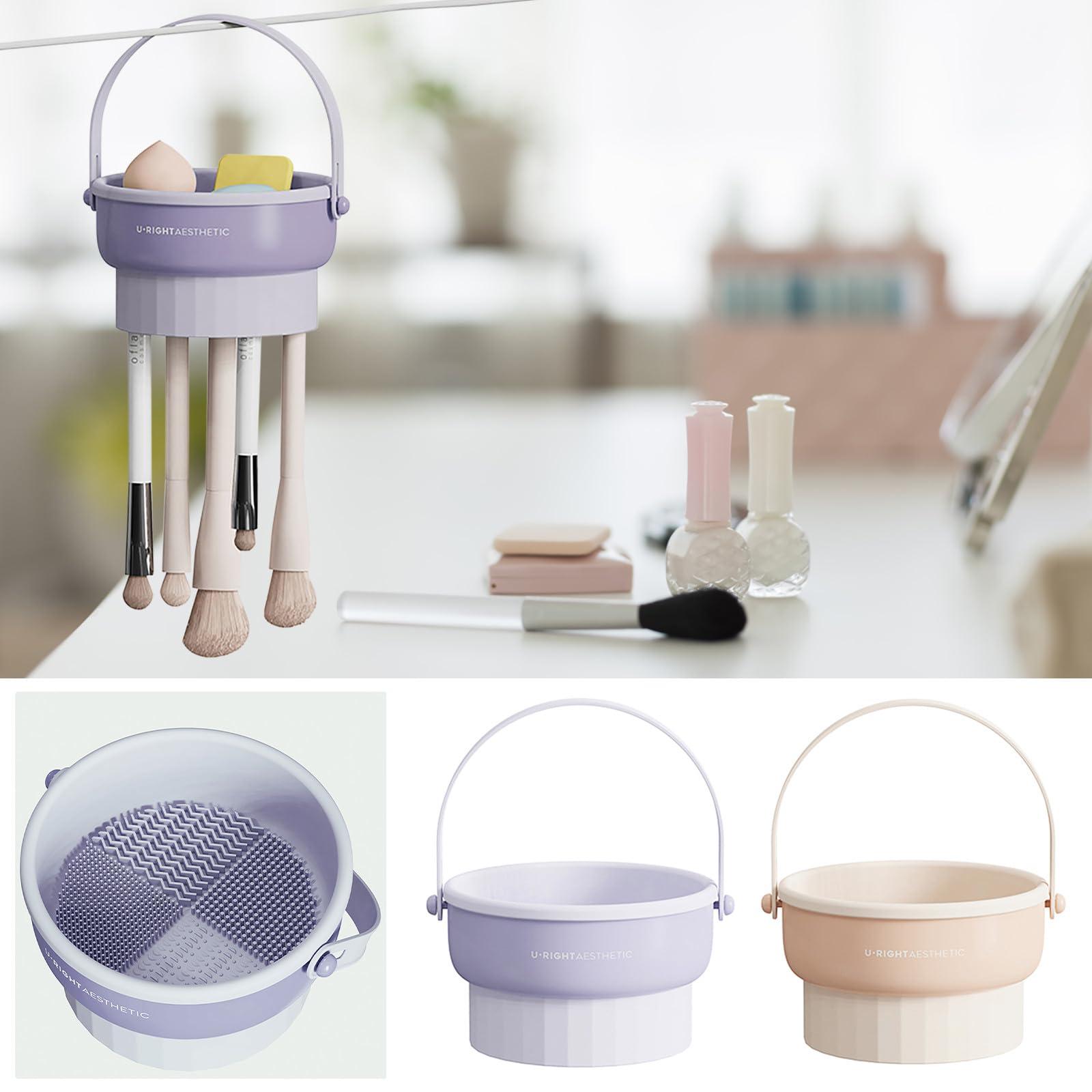 Generic Makeup Brush Cleaner Mat Bowl,3 In 1 Silicone Makeup Brush Cleaning Pad Cosmetic Brushes Portable Cleaning Tool,Detachable Multi-Function,For Brushes,Powder Puffs,Sponges Storage And Air Dry (Purple)