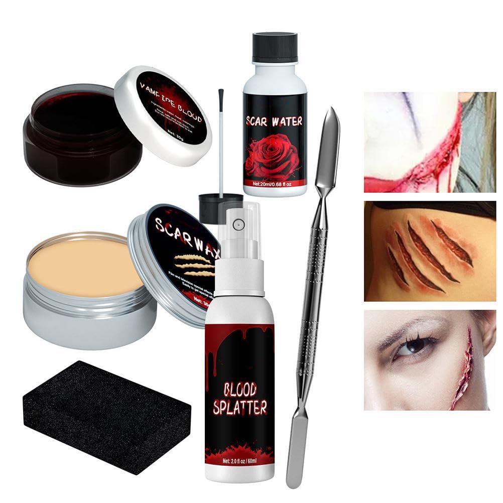 ICRPSTU Halloween Special Effects SFX Makeup Kit for Zombie Vampire Skin Wax Fake Blood Gel Scar Water Fake Blood Spray Sponge Silver Scraper for Halloween Cosplay (Set 1: Halloween