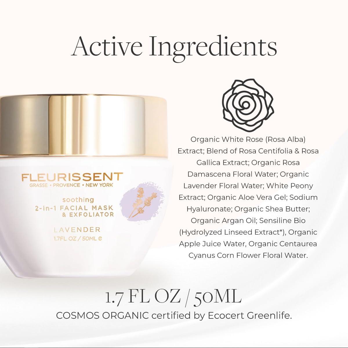 FLEURISSENT Fleurissent Serenity Elixir - Lavender 2-in-1 Facial Mask & Exfoliator, Calming Fusion Florale-6, Organic Roses, Gentle Rice Exfoliation, 98% Natural, 1.7 FL OZ / 50ML