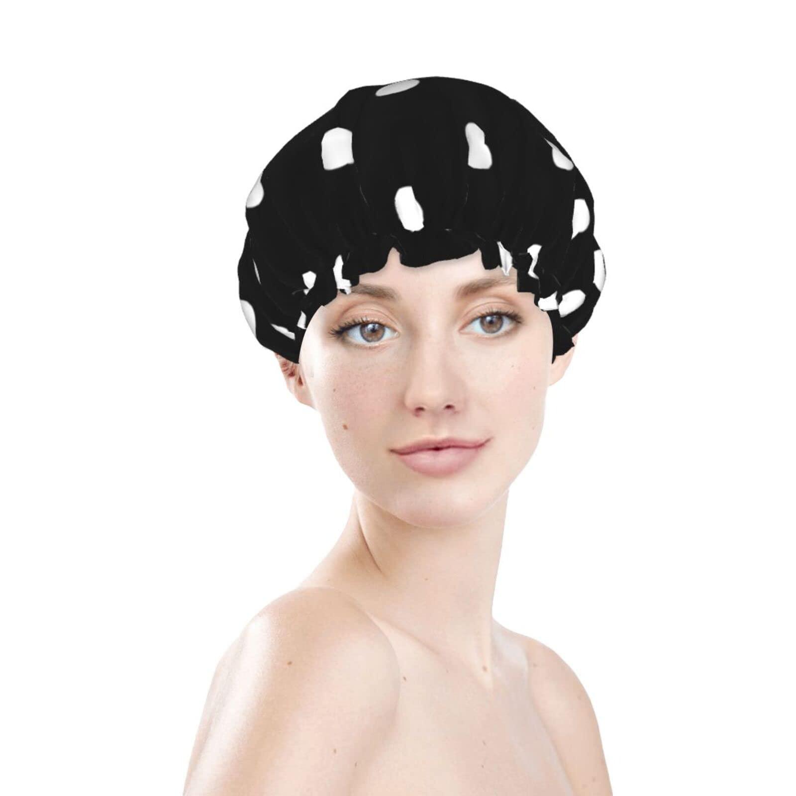 IDNUYIA White Dots Shower Cap For Women, Layers Bathing Shower Reusable Elastic Band Stretch Hem Hair Hat