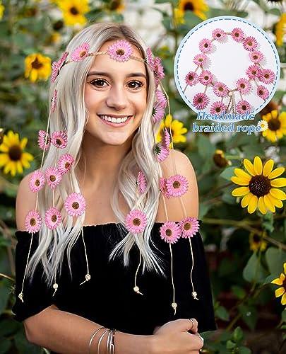 CHLINS CHLINS Hippie Headband Flower Crown Bohemian Sunflower Headband Flower Headpiece Hippie Costume 60s 70s Outfits for Women (Pink)