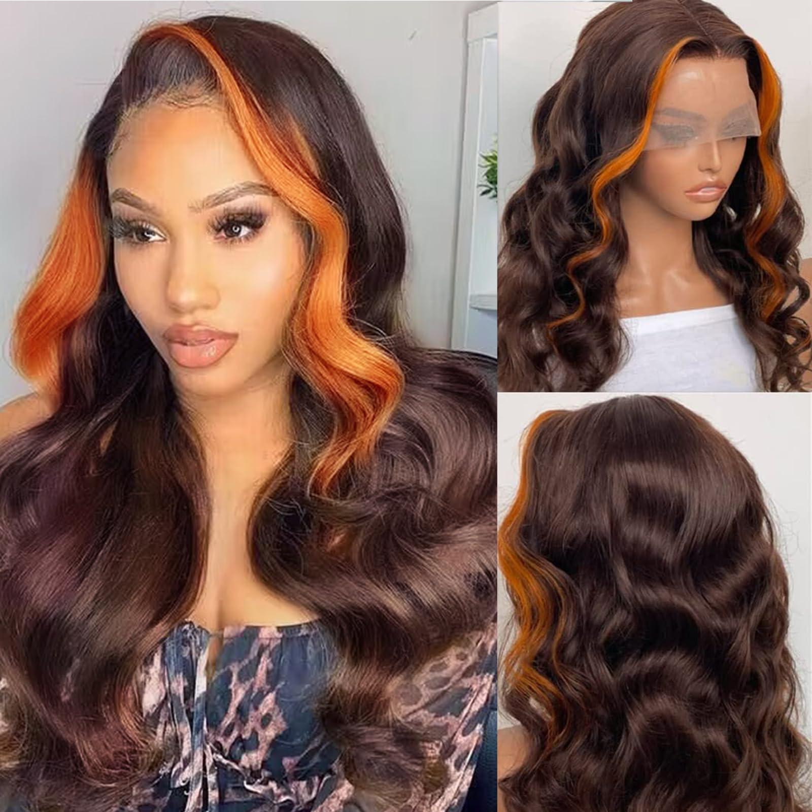 haha haha Chocolate Brown and Ginger Skunk Stripe Lace Front Wig Human Hair Ginger Orange Ombre Highlight Lace Front Wigs Pre Plucked Bleached Knots 13x4 Body Wave Frontal Wig 28 Inch 150% Density