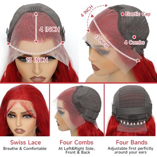 Avolo Avolo 13x4 Red Human Hair Wigs 32 Inch Red Colored Human Hair Lace Front Wigs Body Wave Red Lace Front Wig Human Hair Pre Plucked Red Wig Human Hair With Baby Hair 180% Density Glueless Wig