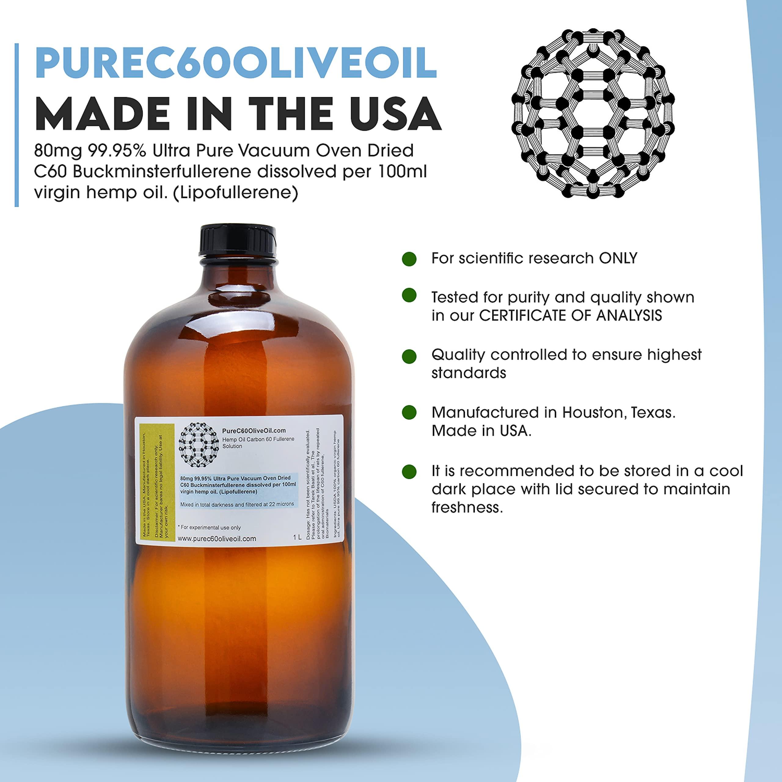 PureC60OliveOil.com PureC60OliveOil C60 Organic Hemp Seed Oil 1L / 33.8 Fl Oz - 99.95% Carbon 60 Solvent Free 800mg - Amber Glass Bottle - Food Grade - Carbon 60 Hemp Oil - from The Leading Global Producer