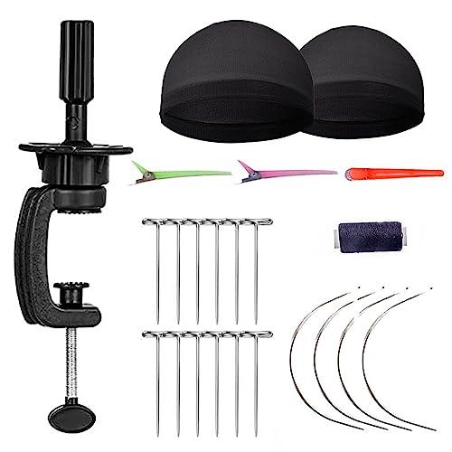 GEXWORLDWIDE GEX 20"-24" Canvas Cork Wig Block Mannequin Head for Wig Making Drying Styling Display with Table C Clamp Stand Holder (Black 22.5")